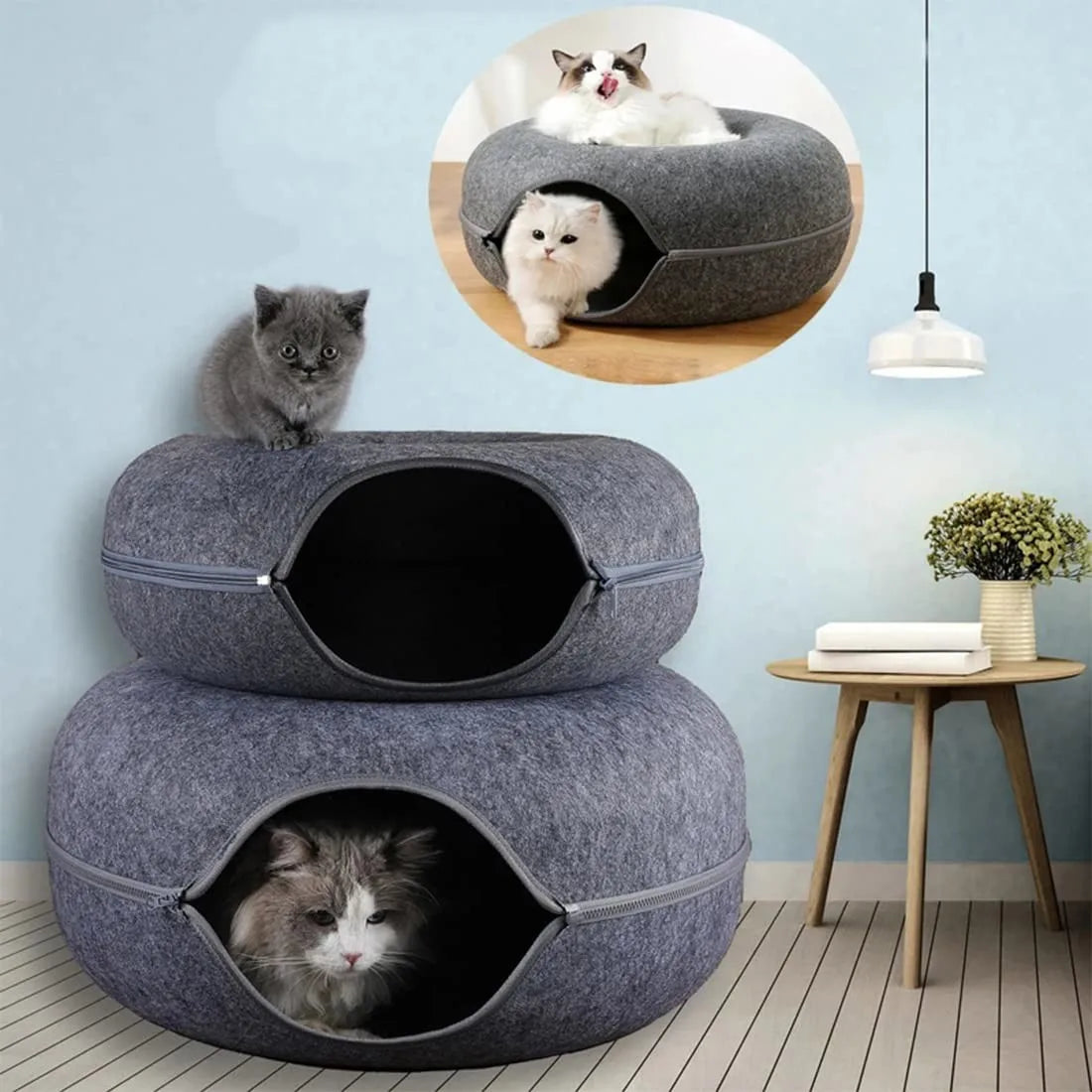 Donut-Shaped Cat Bed with Tunnel